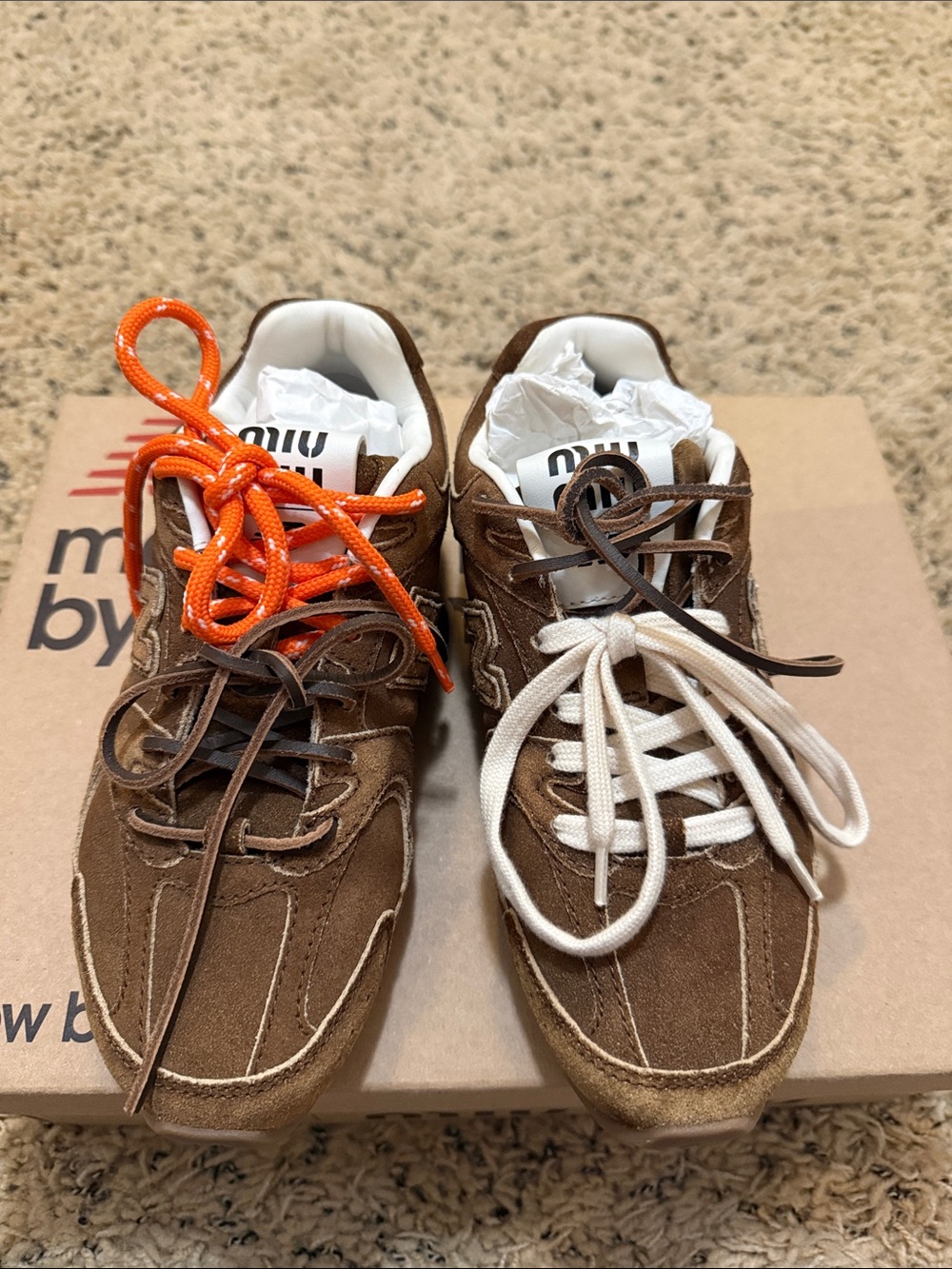 Miu Miu Brown Suede Sneakers with Orange, White, and Dark Brown Laces